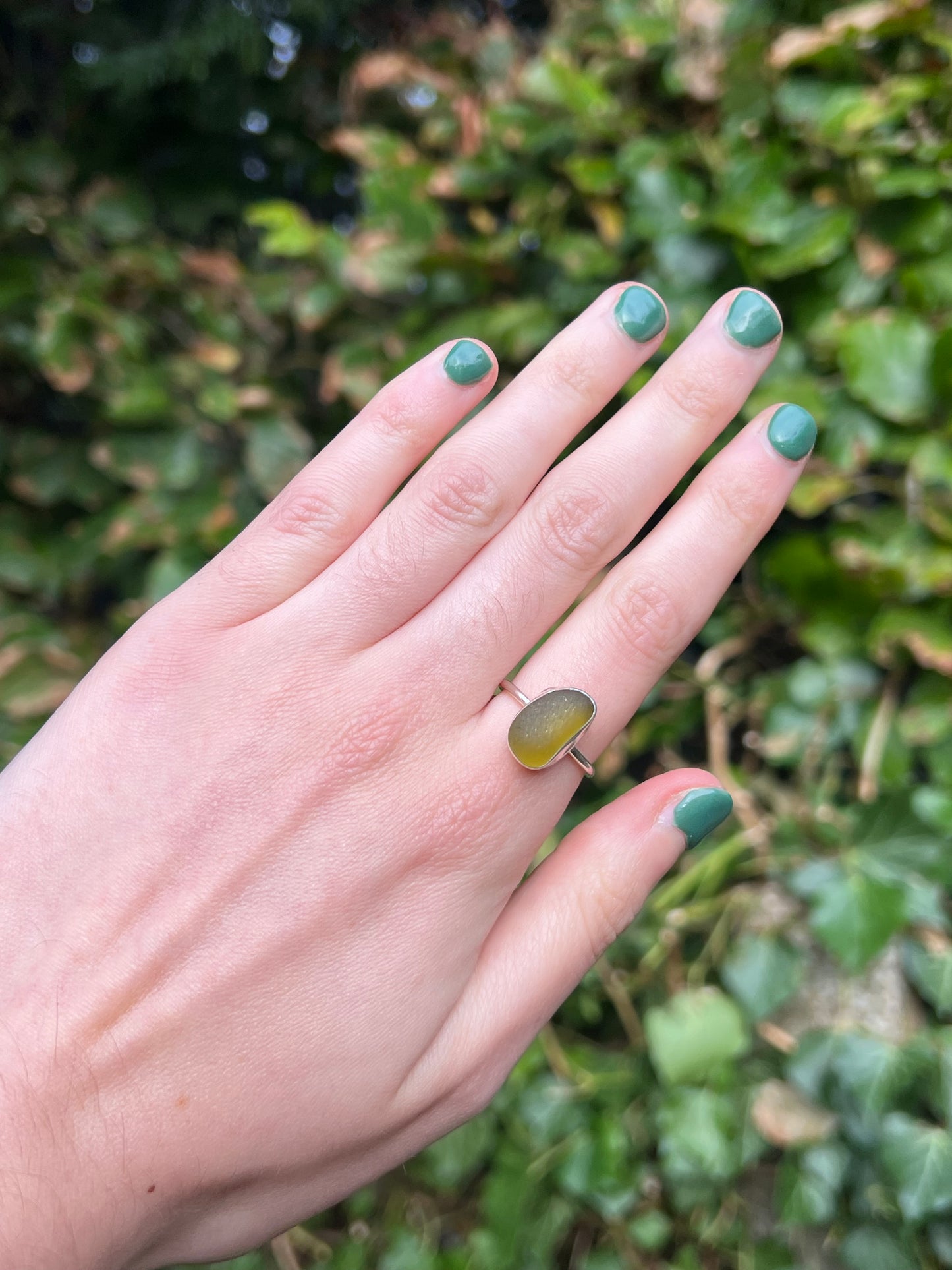 Chunky olive green sea glass ring