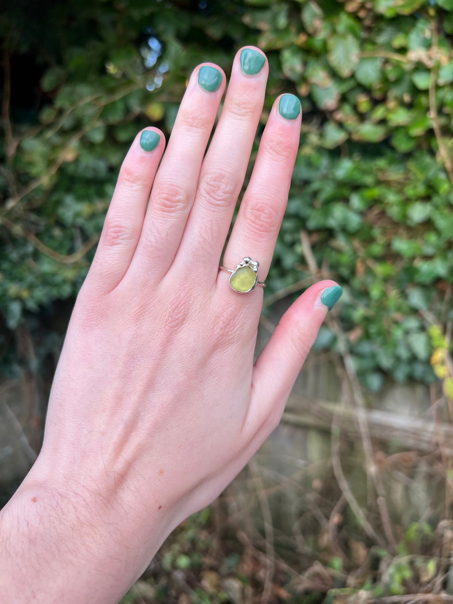 Sterling silver lime seaglass ring