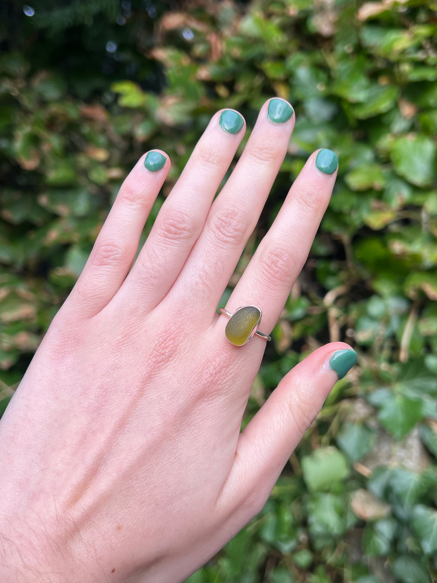 Chunky olive green sea glass ring