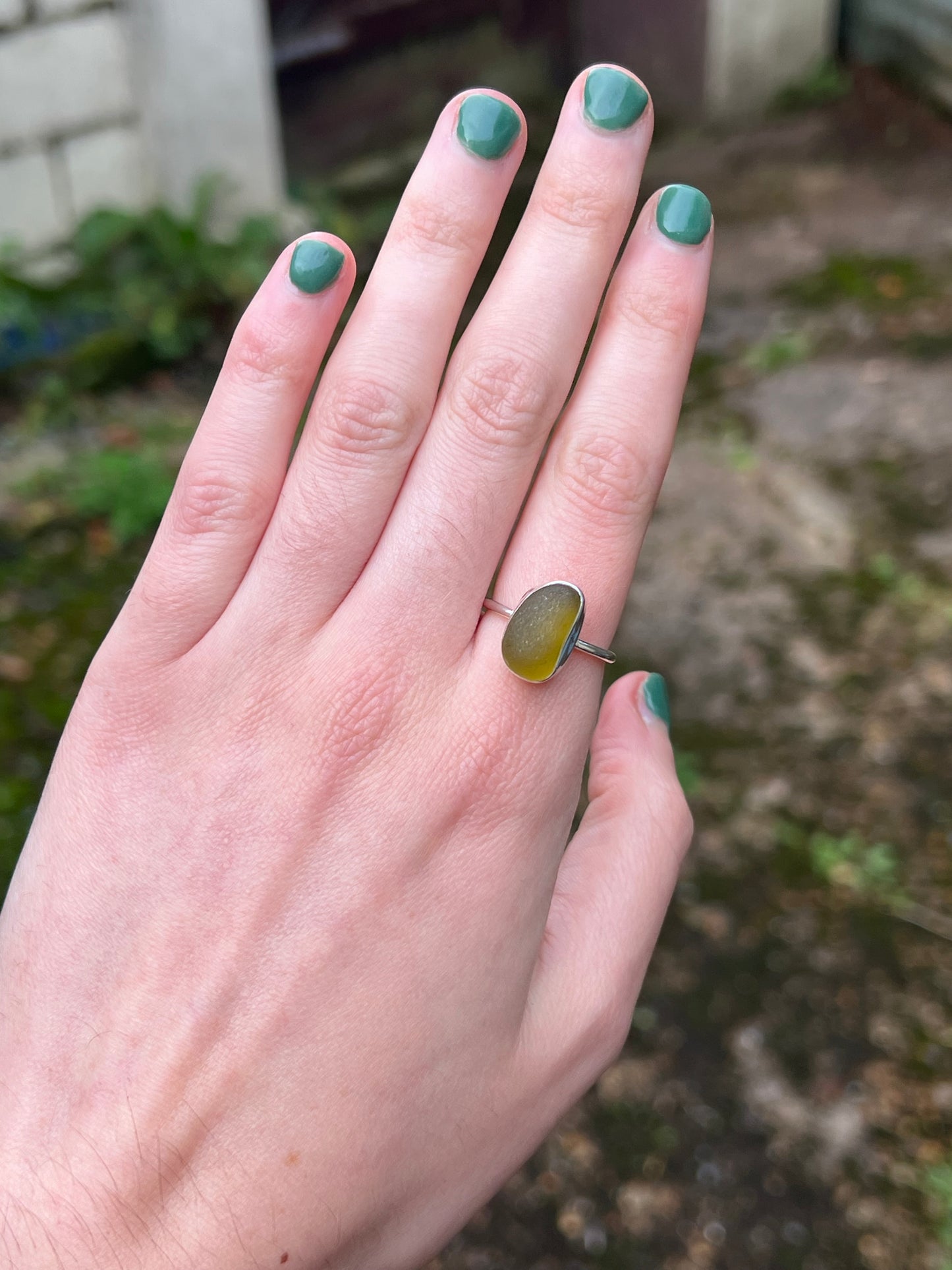 Chunky olive green sea glass ring