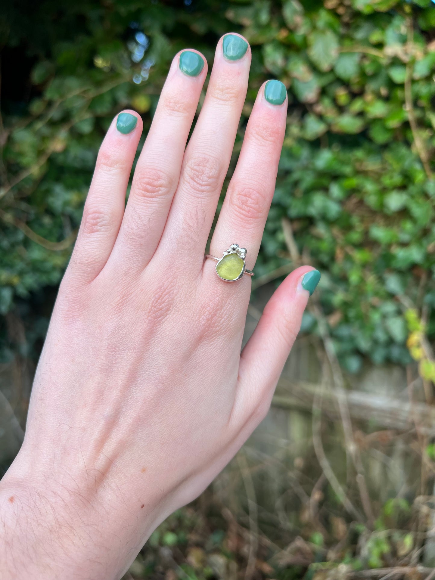 Sterling silver lime seaglass ring