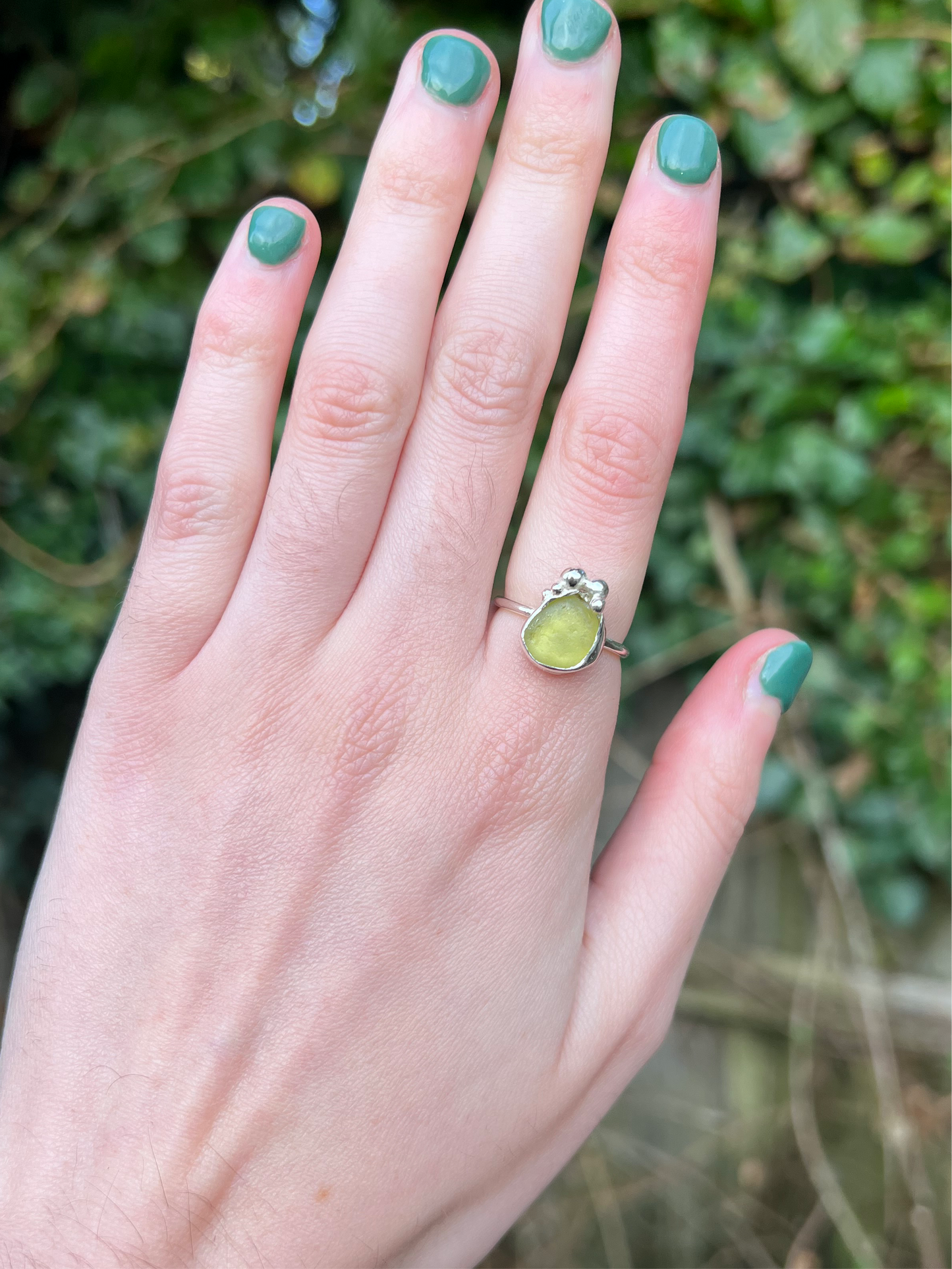 Sterling silver lime seaglass ring