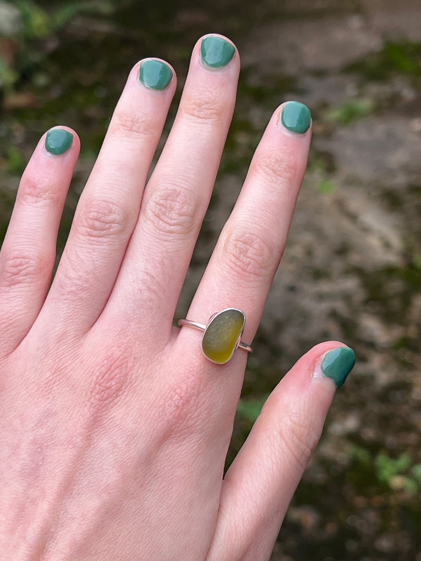 Chunky olive green sea glass ring